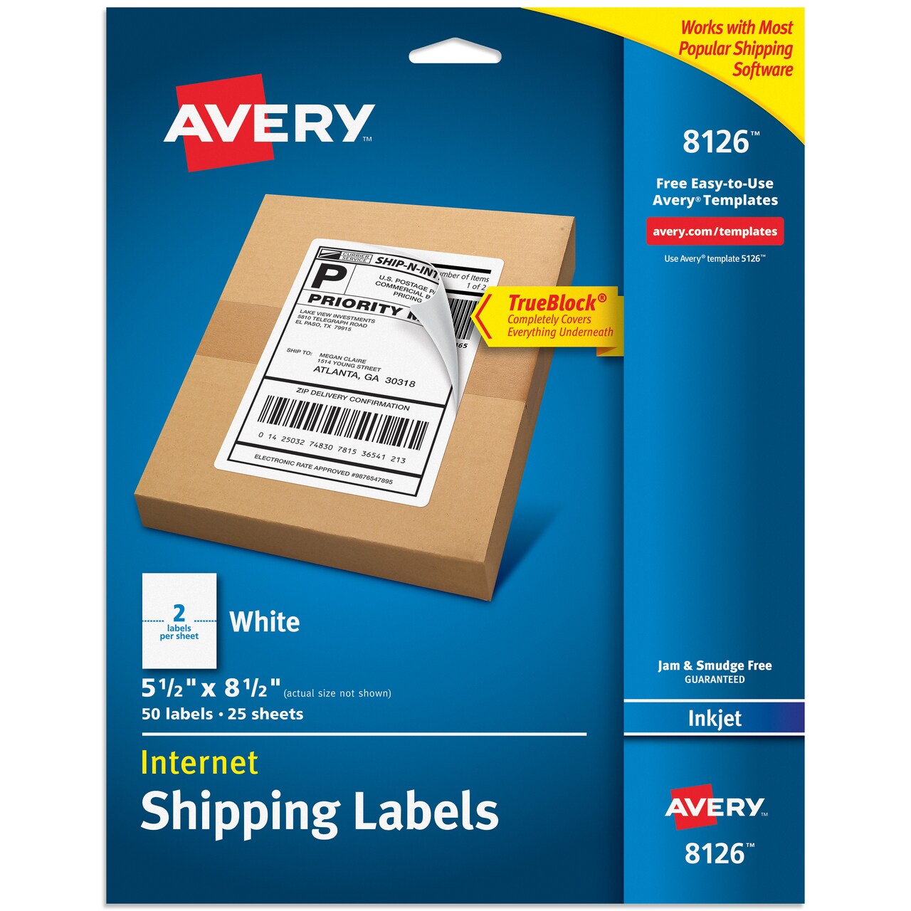 Avery Half-Sheet Printable Shipping Labels, 5.5" x 8.5" Customizable Stickers, White, 50 Blank Mailing Labels, Great for Mailing, Shipping, Organizing, and More (8126)